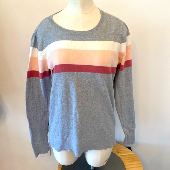 Loft 100% Cotton Striped Gray Pink Lightweight Sweater Size Medium - Picture 1 of 7